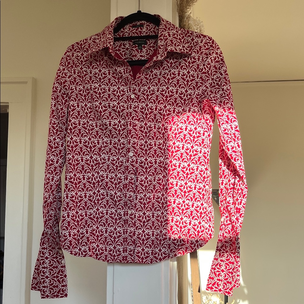 Talbots Womens Maroon White Blouse Size 10 Button Up Stretch French Cuff